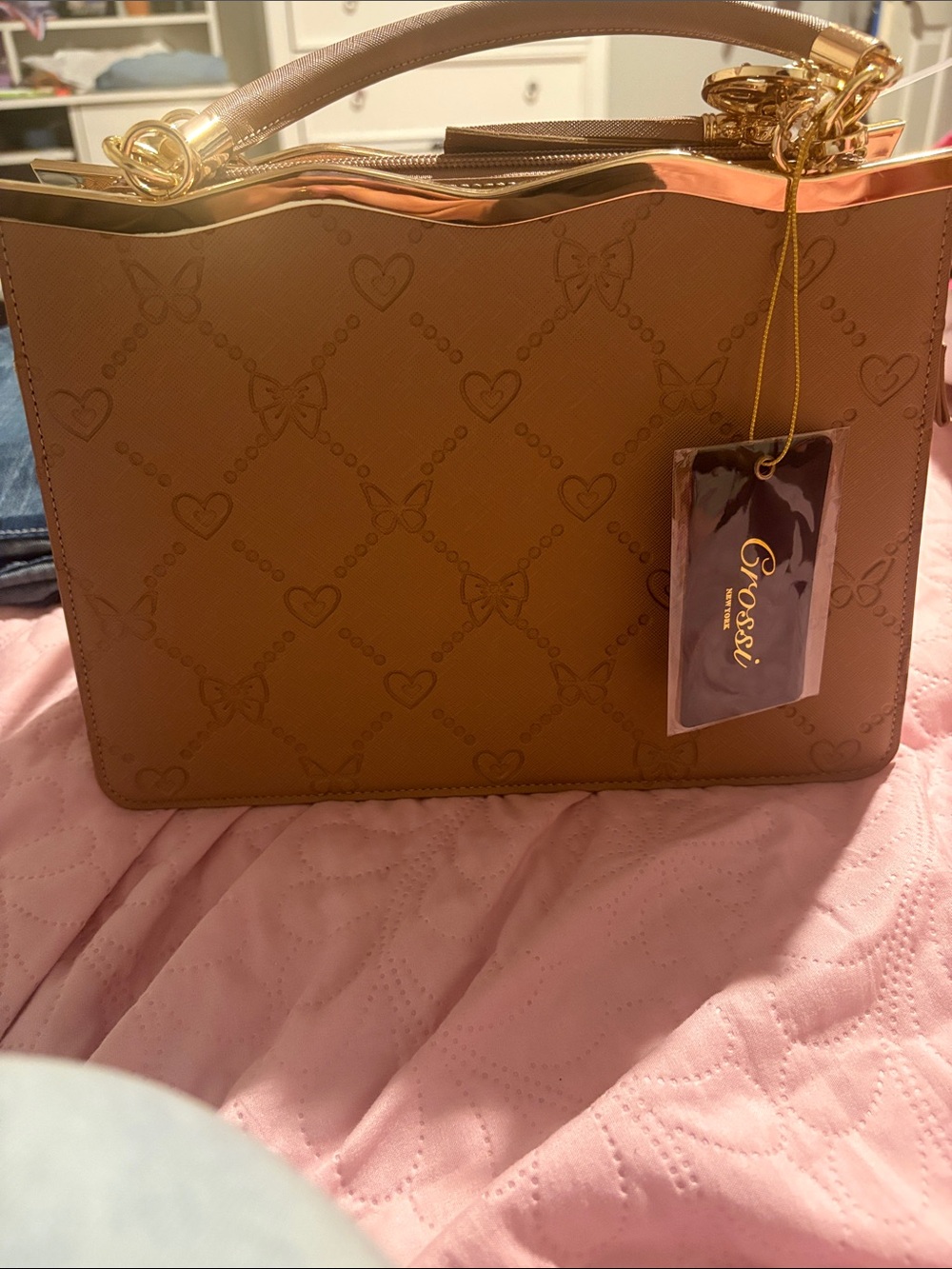 Grossi Tan Top-Handle Satchel with Gold Accents